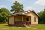 Проект дома «О-42» из СИП-панелей, 42 м² — одноэтажный дом с жёлтым фасадом, коричневой крышей и крытым крыльцом | HotWell.KZ
