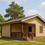 Проект дома «О-42» из СИП-панелей, 42 м² — одноэтажный дом с жёлтым фасадом, коричневой крышей и крытым крыльцом | HotWell.KZ