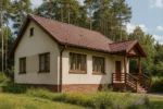 Проект дома «О-61» из СИП-панелей, 61 м² — одноэтажный дом с бежевым фасадом, коричневой крышей и крытым крыльцом | HotWell.KZ