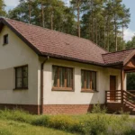 Проект дома «О-61» из СИП-панелей, 61 м² — одноэтажный дом с бежевым фасадом, коричневой крышей и крытым крыльцом | HotWell.KZ