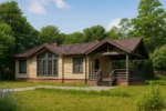 Проект дома «О-90» из СИП-панелей, 90 м² — одноэтажный дом с бежевым фасадом, коричневой крышей и крытой террасой | HotWell.KZ