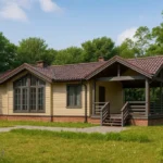 Проект дома «О-90» из СИП-панелей, 90 м² — одноэтажный дом с бежевым фасадом, коричневой крышей и крытой террасой | HotWell.KZ