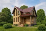 Проект дома «П-100» из СИП-панелей, 100 м² — двухэтажный дом с бежевым фасадом, красной крышей и крытым крыльцом | HotWell.KZ