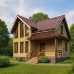 Проект дома «П-100» из СИП-панелей, 100 м² — двухэтажный дом с бежевым фасадом, красной крышей и крытым крыльцом | HotWell.KZ