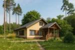 Проект дома «П-110» из СИП-панелей, 110 м² — двухэтажный дом с бежевым фасадом, серой крышей и крытым крыльцом | HotWell.KZ