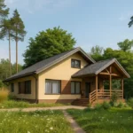Проект дома «П-110» из СИП-панелей, 110 м² — двухэтажный дом с бежевым фасадом, серой крышей и крытым крыльцом | HotWell.KZ