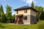 Проект дома «П-112Б» из СИП-панелей, 112 м² — двухэтажный дом с бежевым фасадом, серой крышей и крыльцом | HotWell.KZ