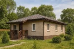 Проект дома «П-112Г» из СИП-панелей, 112 м² — одноэтажный дом с бежевым фасадом, коричневой крышей и крыльцом | HotWell.KZ