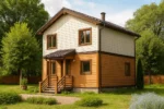 Проект дома «П-112В» из СИП-панелей, 112 м² — двухэтажный дом с бежевым и коричневым фасадом, коричневой крышей и крыльцом | HotWell.KZ