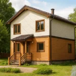Проект дома «П-112В» из СИП-панелей, 112 м² — двухэтажный дом с бежевым и коричневым фасадом, коричневой крышей и крыльцом | HotWell.KZ