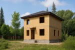 Дом «П-112В», 112 м², 2 этаж, в черновой отделке: коробка из СИП-панелей OSB-3, вальмовая кровля из металлочерепицы, проёмы без окон и дверей, в проёмах видны сосновые балки перекрытия