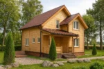Проект дома «П-113» из СИП-панелей, 113 м² — двухэтажный дом с деревянным фасадом, коричневой крышей и крыльцом | HotWell.KZ