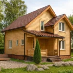 Проект дома «П-113» из СИП-панелей, 113 м² — двухэтажный дом с деревянным фасадом, коричневой крышей и крыльцом | HotWell.KZ