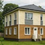 Проект дома «П-117» из СИП-панелей, 117 м² — двухэтажный дом с бежевым и коричневым фасадом и черной крышей | HotWell.KZ