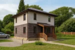 Проект дома «П-120» из СИП-панелей, 120 м² — двухэтажный дом с белым и коричневым фасадом, коричневой крышей и крытым крыльцом | HotWell.KZ