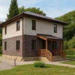 Проект дома «П-120» из СИП-панелей, 120 м² — двухэтажный дом с белым и коричневым фасадом, коричневой крышей и крытым крыльцом | HotWell.KZ