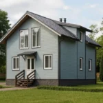 Проект дома «П-122Б» из СИП-панелей, 122 м² — двухэтажный дом с серым фасадом, черной крышей и крыльцом | HotWell.KZ