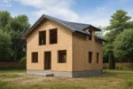 Дом «П-122Б», 122 м², 1.5 этажа, в черновой отделке: коробка из СИП-панелей OSB-3, двускатная кровля из металлочерепицы, проёмы без окон и дверей, в проёмах видны сосновые балки перекрытия