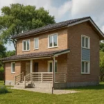 Проект дома «П-125» из СИП-панелей, 125 м² — двухэтажный дом с кирпичным фасадом, темной крышей и крытым крыльцом | HotWell.KZ