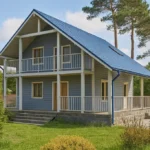 Проект дома «П-126» из СИП-панелей, 126 м² — двухэтажный дом с синим фасадом, синей крышей и балконом | HotWell.KZ