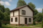 Проект дома «П-126Б» из СИП-панелей, 126 м² — двухэтажный дом с бежевым фасадом и коричневой крышей | HotWell.KZ