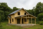 Дом «П-127», 127 м², 1.5 этажа, в черновой отделке: коробка из СИП-панелей OSB-3, двускатная кровля из металлочерепицы, проёмы без окон и дверей, в проёмах видны сосновые балки перекрытия