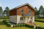 Проект дома «П-128» из СИП-панелей, 128 м² — двухэтажный дом с коричневым фасадом, серой крышей и крыльцом | HotWell.KZ
