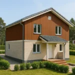 Проект дома «П-128» из СИП-панелей, 128 м² — двухэтажный дом с коричневым фасадом, серой крышей и крыльцом | HotWell.KZ