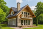 Проект дома «П-131» из СИП-панелей, 131 м² — двухэтажный дом с каменным фасадом, черной крышей и балконом | HotWell.KZ