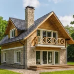 Проект дома «П-131» из СИП-панелей, 131 м² — двухэтажный дом с каменным фасадом, черной крышей и балконом | HotWell.KZ