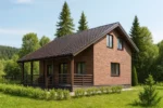Проект дома «П-131Б» из СИП-панелей, 131 м² — двухэтажный дом с кирпичным фасадом, коричневой крышей и крытой террасой | HotWell.KZ