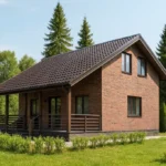 Проект дома «П-131Б» из СИП-панелей, 131 м² — двухэтажный дом с кирпичным фасадом, коричневой крышей и крытой террасой | HotWell.KZ