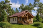 Проект дома «П-134» из СИП-панелей, 134 м² — одноэтажный дом с бежевым фасадом, коричневой крышей и крытой террасой | HotWell.KZ