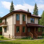 Проект дома «П-135Б» из СИП-панелей, 135 м² — двухэтажный дом с бежевым фасадом, коричневой крышей и балконом | HotWell.KZ