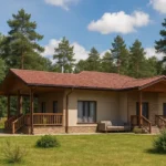 Проект дома «П-137» из СИП-панелей, 137 м² — одноэтажный дом с бежевым фасадом, коричневой крышей и террасой | HotWell.KZ
