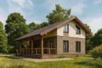 Проект дома «П-140» из СИП-панелей, 140 м² — двухэтажный дом с коричневым фасадом, темной крышей и террасой | HotWell.KZ