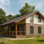 Проект дома «П-140» из СИП-панелей, 140 м² — двухэтажный дом с коричневым фасадом, темной крышей и террасой | HotWell.KZ