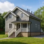 Проект дома «П-140Б» из СИП-панелей, 140 м² — двухэтажный дом с серым фасадом, черной крышей и крытым крыльцом | HotWell.KZ