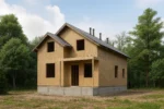 Дом «П-140Б», 140 м², 1.5 этажа, в черновой отделке: коробка из СИП-панелей OSB-3, двускатная кровля из металлочерепицы, проёмы без окон и дверей, в проёмах видны сосновые балки перекрытия