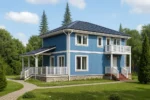 Проект дома «П-150» из СИП-панелей, 150 м² — двухэтажный дом с синим фасадом, синей крышей и балконом | HotWell.KZ