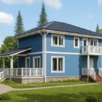 Проект дома «П-150» из СИП-панелей, 150 м² — двухэтажный дом с синим фасадом, синей крышей и балконом | HotWell.KZ