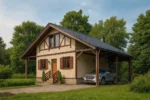 Проект дома «П-150Б» из СИП-панелей, 150 м² — двухэтажный дом с бежевым фасадом, черной крышей и навесом для машины | HotWell.KZ
