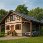 Проект дома «П-150Б» из СИП-панелей, 150 м² — двухэтажный дом с бежевым фасадом, черной крышей и навесом для машины | HotWell.KZ