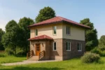 Проект дома «П-151» из СИП-панелей, 151 м² — двухэтажный дом с кирпичным фасадом, красной крышей и крыльцом | HotWell.KZ