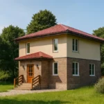 Проект дома «П-151» из СИП-панелей, 151 м² — двухэтажный дом с кирпичным фасадом, красной крышей и крыльцом | HotWell.KZ