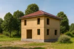 Дом «П-151», 151 м², 2 этажа, в черновой отделке: коробка из СИП-панелей OSB-3, вальмовая кровля из металлочерепицы, проёмы без окон и дверей, в проёмах видны сосновые балки перекрытия
