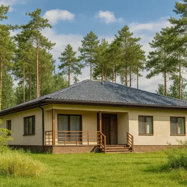 Проект дома «П-152» из СИП-панелей, 152 м² — одноэтажный дом с бежевым фасадом, серой крышей и крыльцом | HotWell.KZ