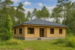 Дом «П-152», 152 м², 1 этаж, в черновой отделке: коробка из СИП-панелей OSB-3, вальмовая кровля из металлочерепицы, проёмы без окон и дверей