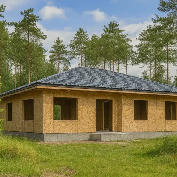 Дом «П-152», 152 м², 1 этаж, в черновой отделке: коробка из СИП-панелей OSB-3, вальмовая кровля из металлочерепицы, проёмы без окон и дверей