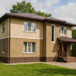 Проект дома «П-152Б» из СИП-панелей, 152 м² — двухэтажный дом с бежевым фасадом, коричневой крышей и крытым крыльцом | HotWell.KZ
